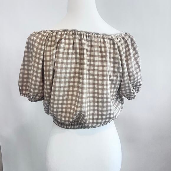 GILLI CREAM PUFFED SMOCKED ELASTIC CROPPED BLOUSE GINGHAM PATTERN SIZE S - Picture 4 of 10